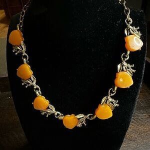 Vintage-1950's Orange Thermoplastic Heart Motif Gold Tone Necklace